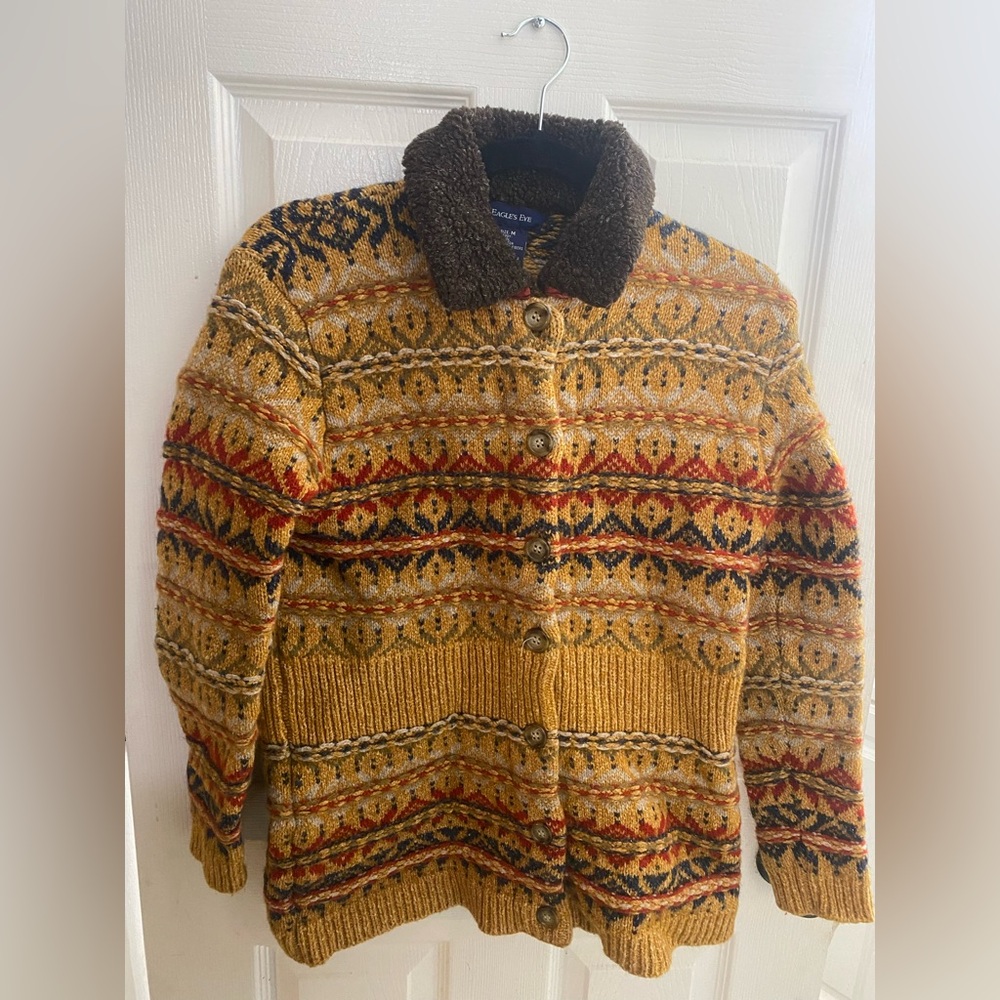 VTG Eagle's Eye Maximalist Wool Cardigan Size M - Cozy Chaos